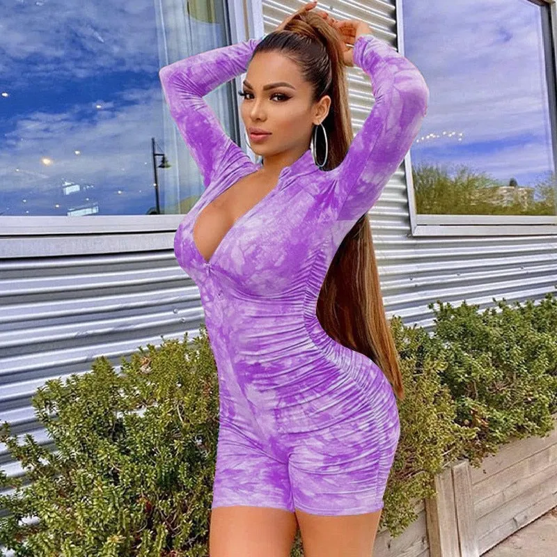 Amozae-Deep V-neck Jumpsuit Rompers     Women Long Sleeve Bodycon Jumpsuit Summer Running Sports Trousers Colorful Print Jumpsuit