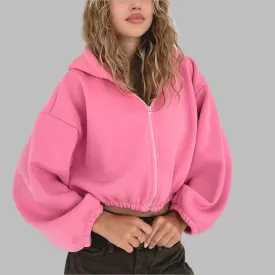 Casual Solid Color Hooded Short Jacket Y2K Fashion Sports Sweatshirt Long Sleeve Zip Up Cardigan Hoodies Women's Clothing
