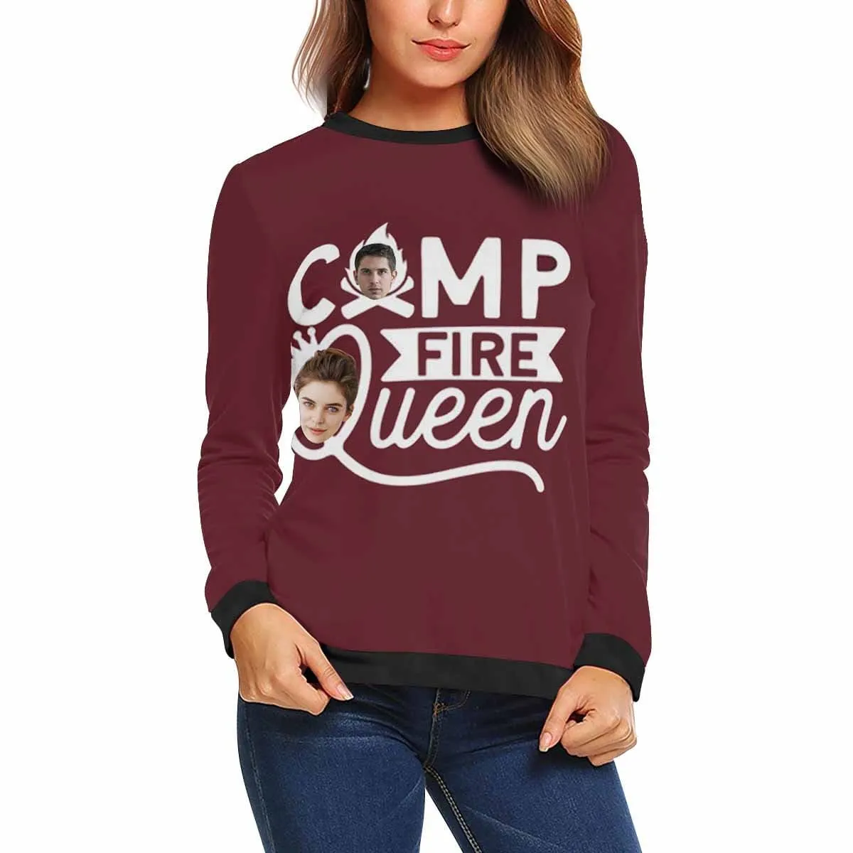 Custom Face Campfire Queen Women's Casual Crew Neck Sweatshirt Personalized Long Sleeve Loose Sweatshirt, Best Gift For Her