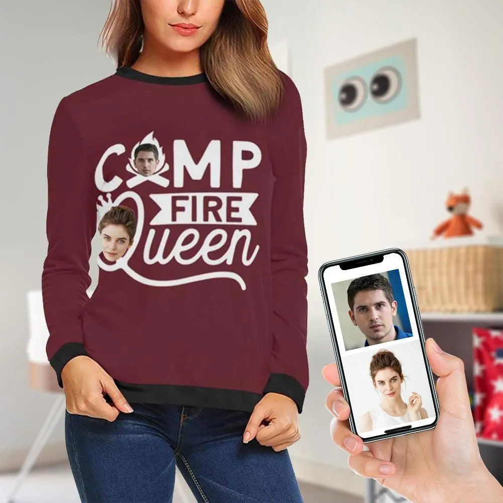 Custom Face Campfire Queen Women's Casual Crew Neck Sweatshirt Personalized Long Sleeve Loose Sweatshirt, Best Gift For Her