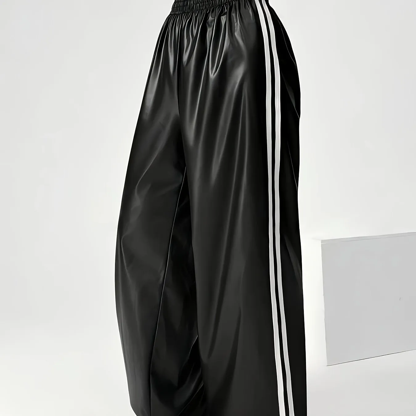 Stretchy PU Leather Women's Skinny Pants, Side Stripe Casual Sports Trousers for Fall/Winter