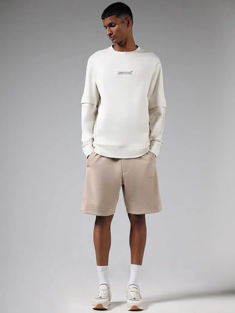 Studiofit Beige Typographic Relaxed-Fit Mid-Rise Running Shorts