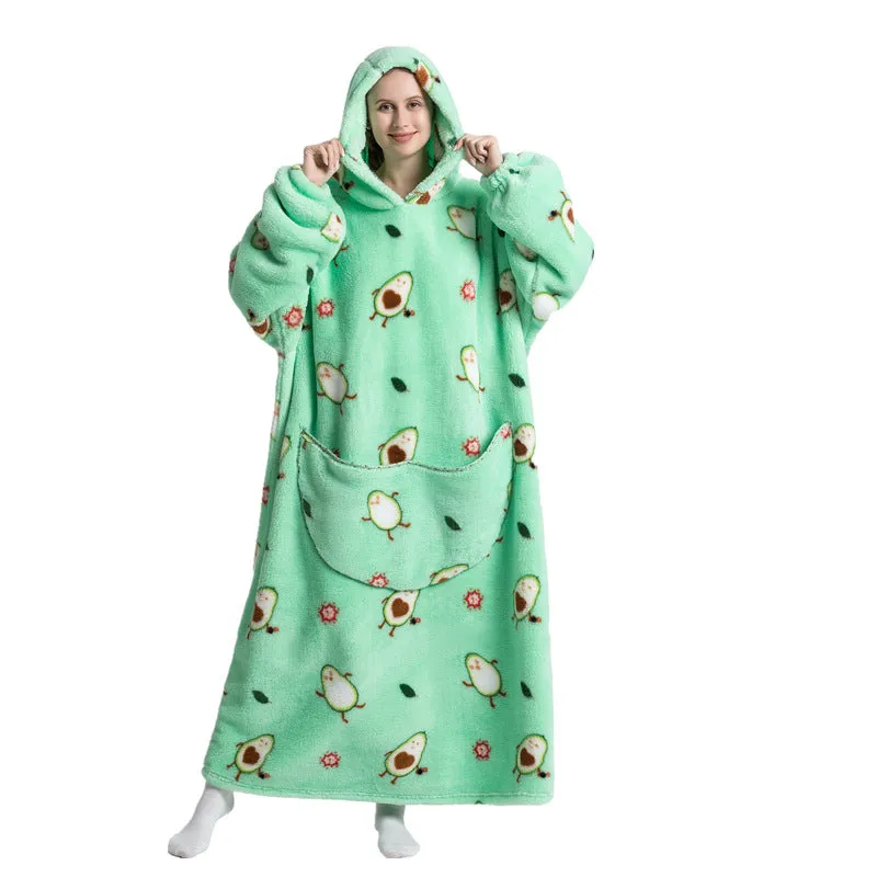Super Long Hooded Blanket Flannel One Size Blanket Sweatshirt with Hand Pockets