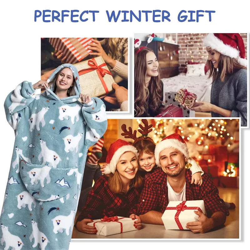 Super Long Hooded Blanket Flannel One Size Blanket Sweatshirt with Hand Pockets