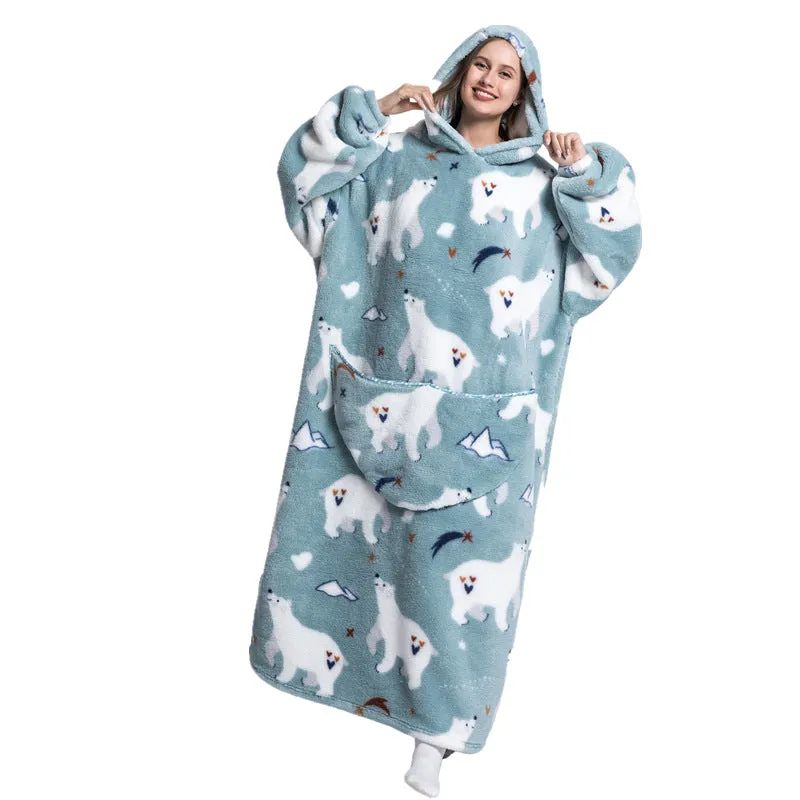 Super Long Hooded Blanket Flannel One Size Blanket Sweatshirt with Hand Pockets