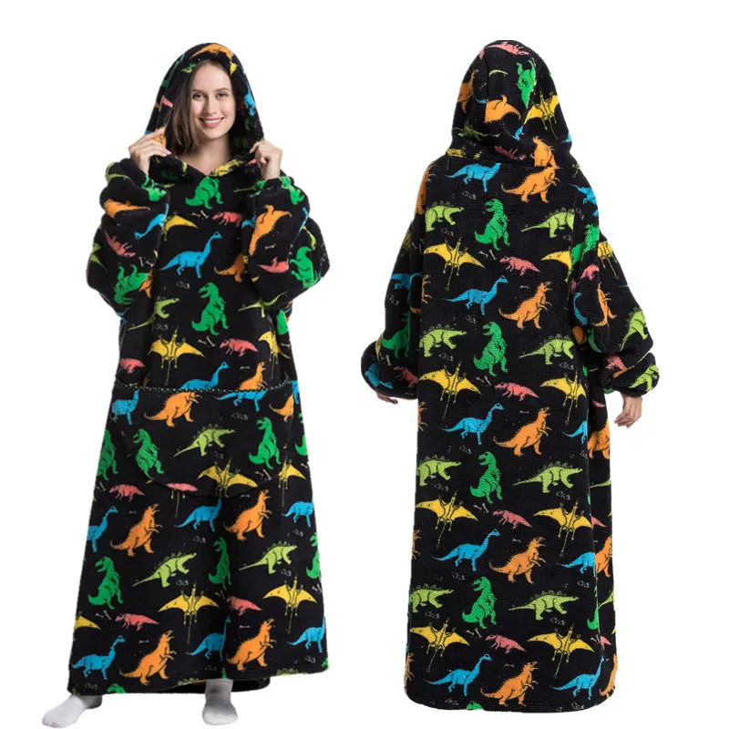 Super Long Hooded Blanket Flannel One Size Blanket Sweatshirt with Hand Pockets