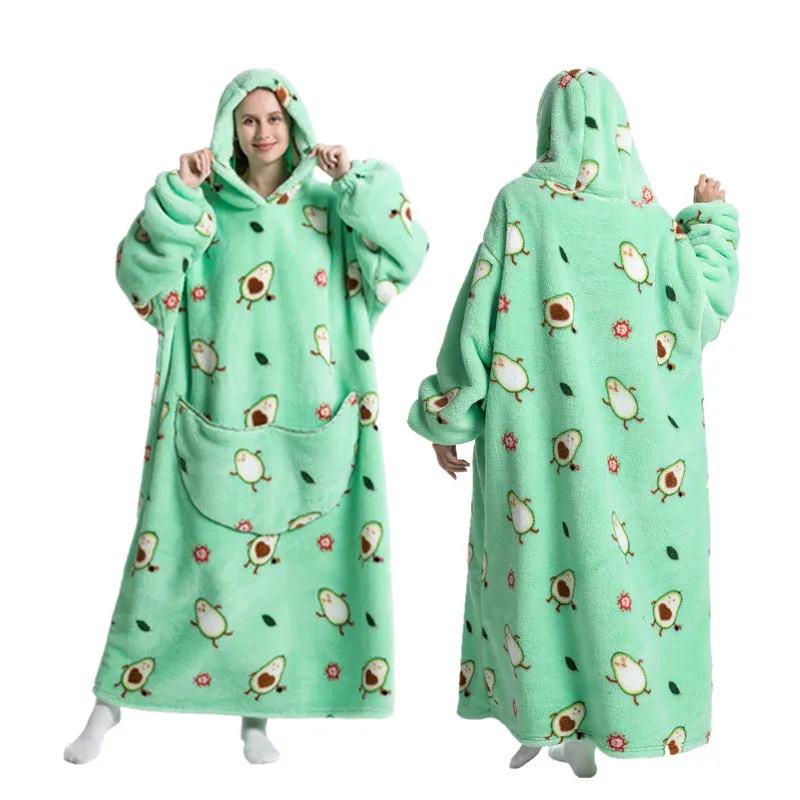 Super Long Hooded Blanket Flannel One Size Blanket Sweatshirt with Hand Pockets