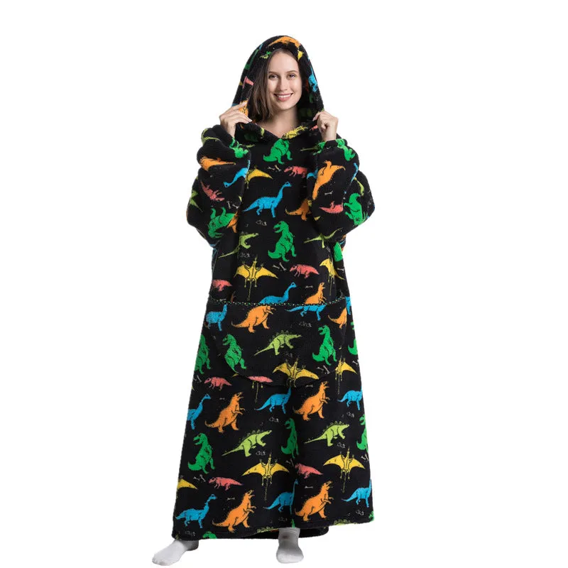 Super Long Hooded Blanket Flannel One Size Blanket Sweatshirt with Hand Pockets