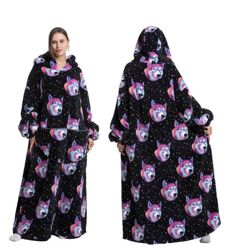 Super Long Hooded Blanket Flannel One Size Blanket Sweatshirt with Hand Pockets