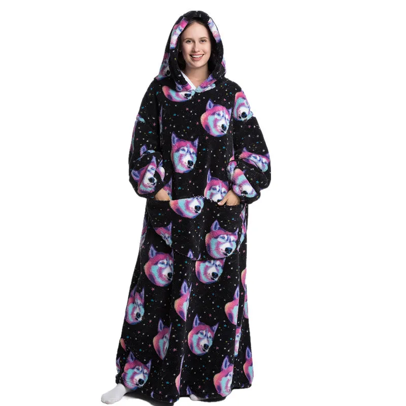 Super Long Hooded Blanket Flannel One Size Blanket Sweatshirt with Hand Pockets