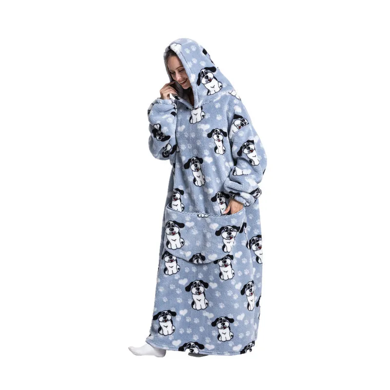 Super Long Hooded Blanket Flannel One Size Blanket Sweatshirt with Hand Pockets