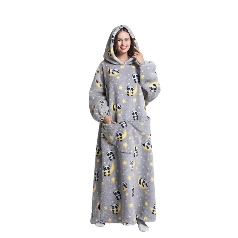 Super Long Hooded Blanket Flannel One Size Blanket Sweatshirt with Hand Pockets