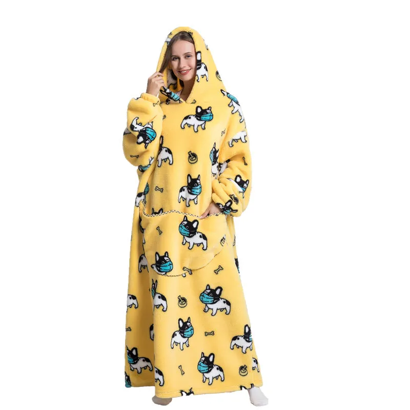 Super Long Hooded Blanket Flannel One Size Blanket Sweatshirt with Hand Pockets