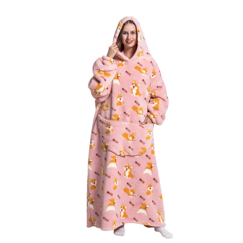 Super Long Hooded Blanket Flannel One Size Blanket Sweatshirt with Hand Pockets