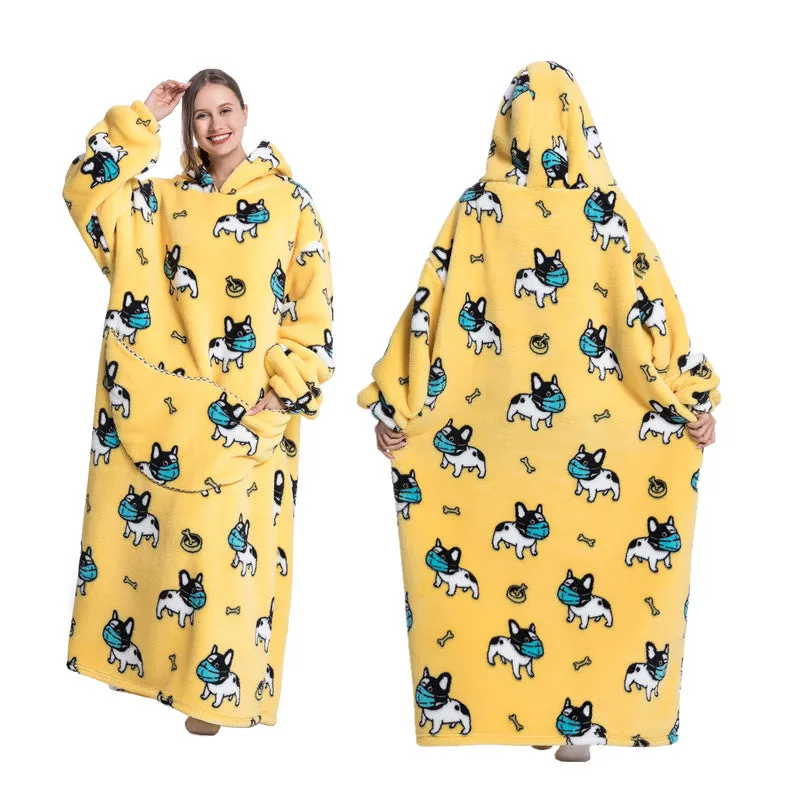Super Long Hooded Blanket Flannel One Size Blanket Sweatshirt with Hand Pockets