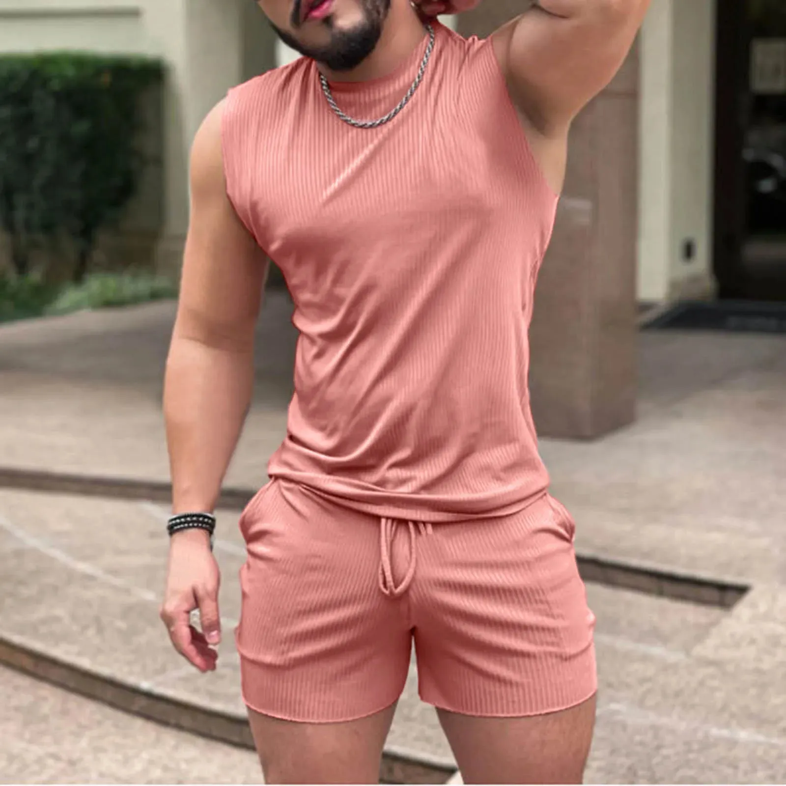 Wiaofellas  -  Summer 2 Piece Suit Man Casual Sleeveless Tank Top   Sports Shorts Solid Thread Print Fitness Tracksuit For Man Cothing
