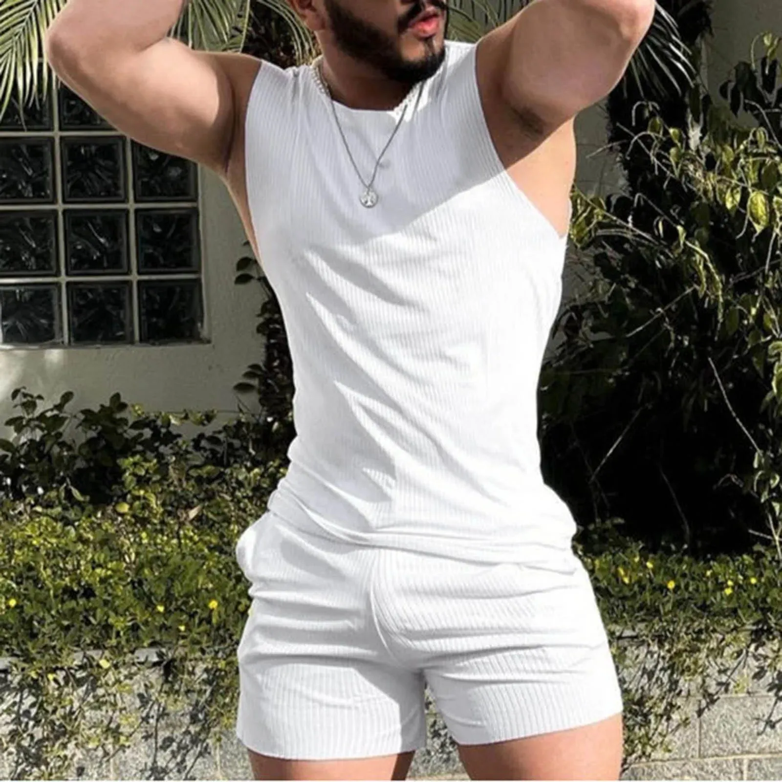 Wiaofellas  -  Summer 2 Piece Suit Man Casual Sleeveless Tank Top   Sports Shorts Solid Thread Print Fitness Tracksuit For Man Cothing