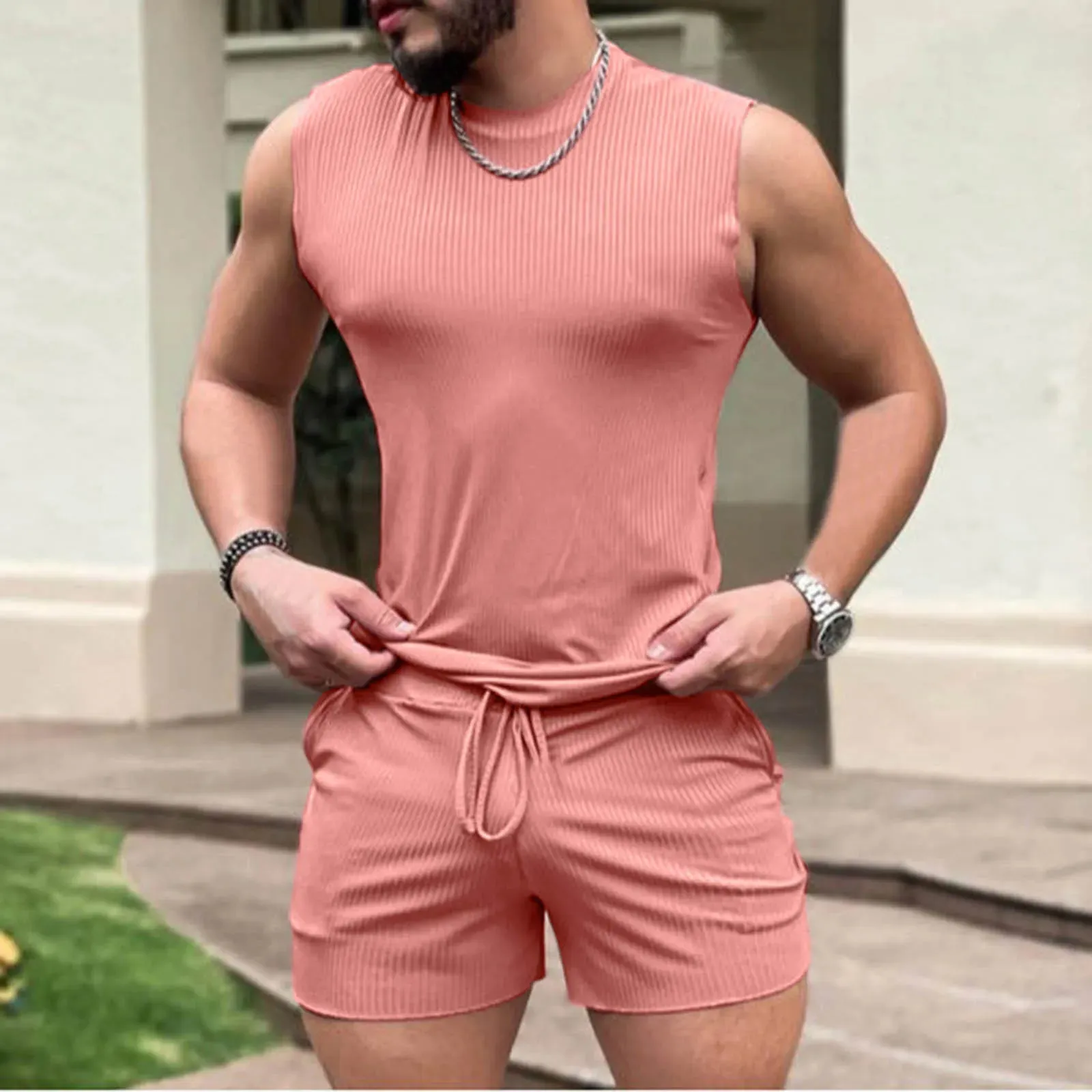 Wiaofellas  -  Summer 2 Piece Suit Man Casual Sleeveless Tank Top   Sports Shorts Solid Thread Print Fitness Tracksuit For Man Cothing