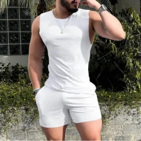 Wiaofellas  -  Summer 2 Piece Suit Man Casual Sleeveless Tank Top   Sports Shorts Solid Thread Print Fitness Tracksuit For Man Cothing