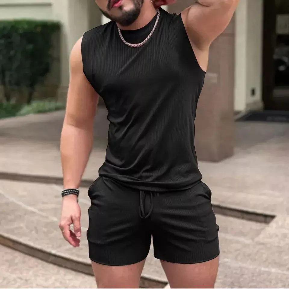 Wiaofellas  -  Summer 2 Piece Suit Man Casual Sleeveless Tank Top   Sports Shorts Solid Thread Print Fitness Tracksuit For Man Cothing