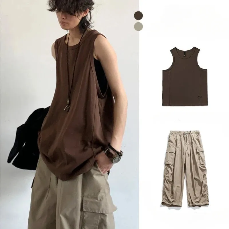 WIAOFELLAS  -  Summer Retro Solid Vest Trousers Suit Fashion Loose Casual Sports Sleeveless Bottoming Sweatshirt Trousers Set Male Clothes