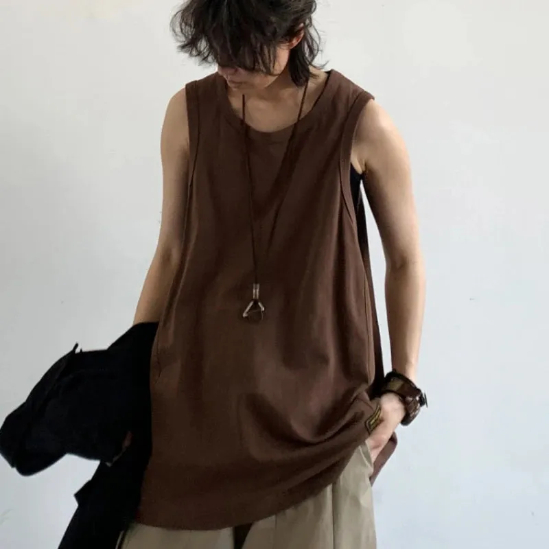 WIAOFELLAS  -  Summer Retro Solid Vest Trousers Suit Fashion Loose Casual Sports Sleeveless Bottoming Sweatshirt Trousers Set Male Clothes