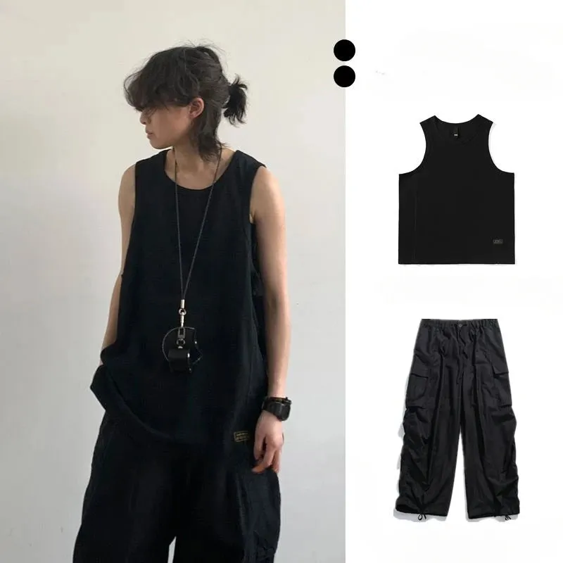 WIAOFELLAS  -  Summer Retro Solid Vest Trousers Suit Fashion Loose Casual Sports Sleeveless Bottoming Sweatshirt Trousers Set Male Clothes