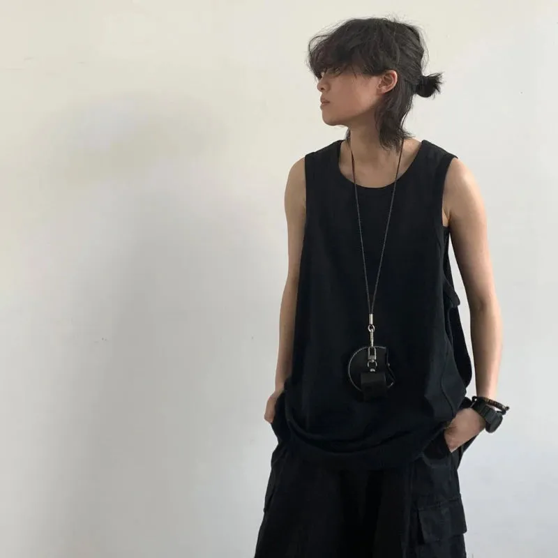 WIAOFELLAS  -  Summer Retro Solid Vest Trousers Suit Fashion Loose Casual Sports Sleeveless Bottoming Sweatshirt Trousers Set Male Clothes