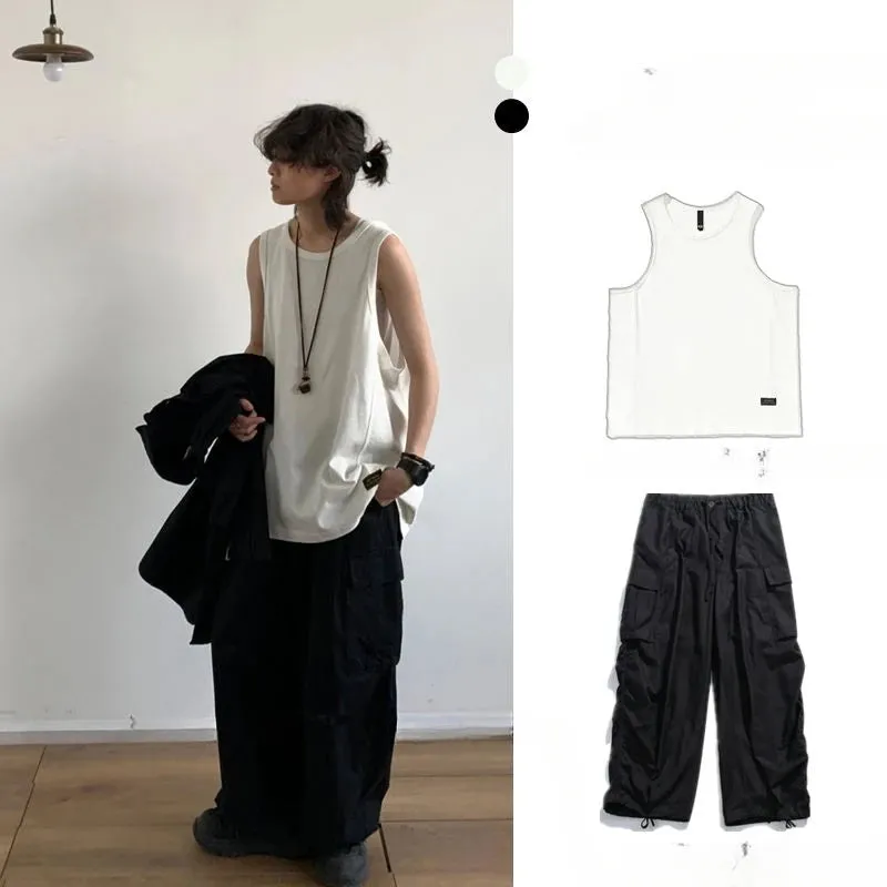 WIAOFELLAS  -  Summer Retro Solid Vest Trousers Suit Fashion Loose Casual Sports Sleeveless Bottoming Sweatshirt Trousers Set Male Clothes